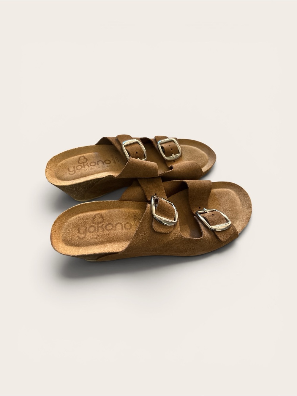 Women’s Yokono Tan Suede Double-Buckle Slide Wedge Sandals
